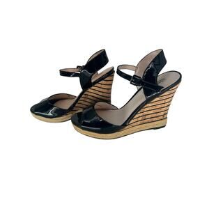 Charles David Black Patent Leather Wedge Cork Sandal sz 9.5